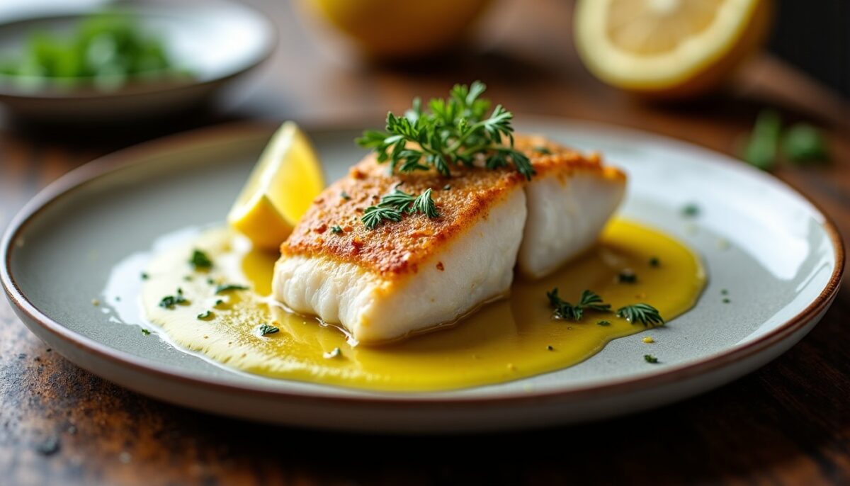 Filet de loup poêlé au beurre citronné avec une peau délicieusement croustillante