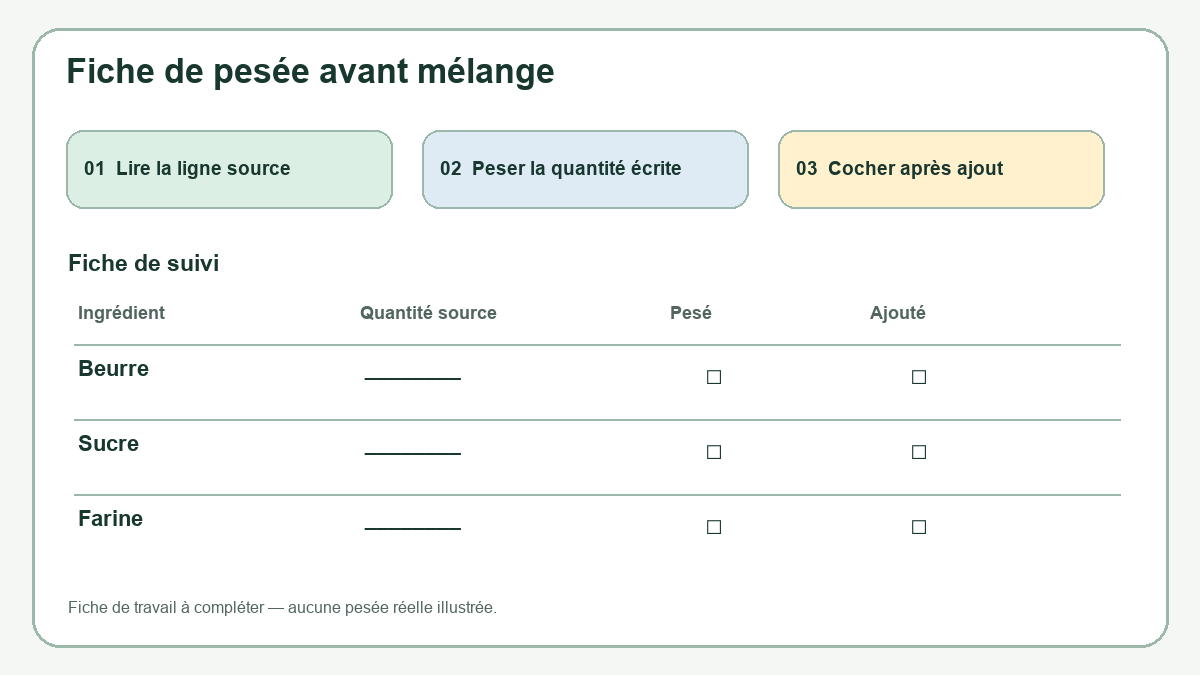 Diagramme de fiche de préparation du shortbread : trois étapes de contrôle et lignes distinctes pour quantité, pesée et ajout.